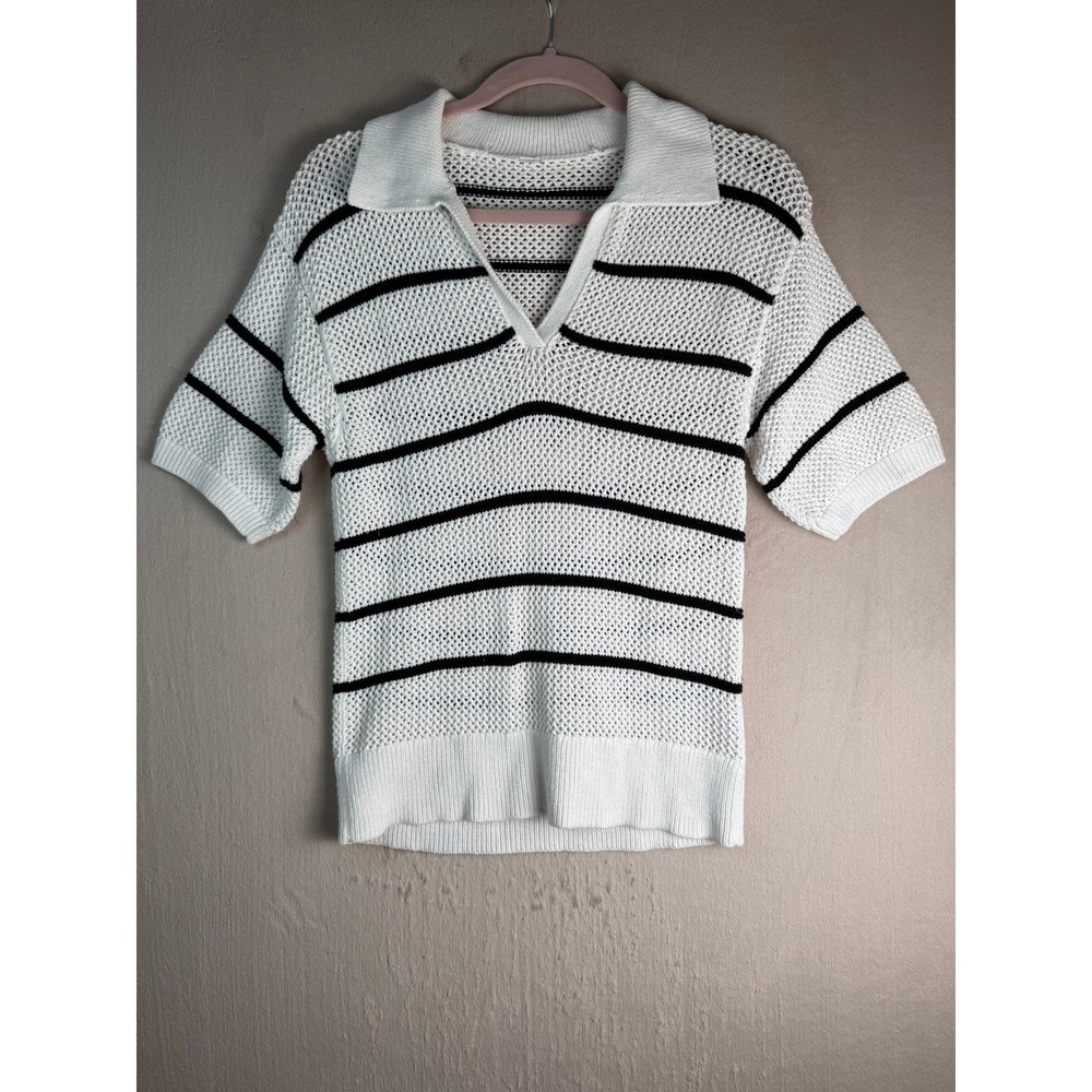White Black Striped Open Weave Crochet Knit Polo Sweater Short Sleeve S Tall